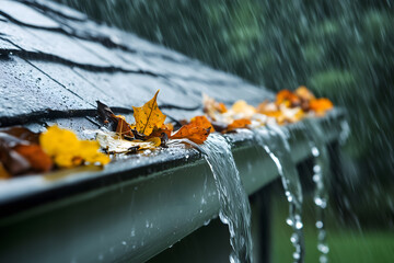 Rainwater overflowing from a gutter filled with autumn leaves, evoking the arrival of the rainy season