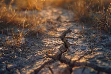 Danger Global Warming concept. Close up of dead grasses with cracked soil at dry season