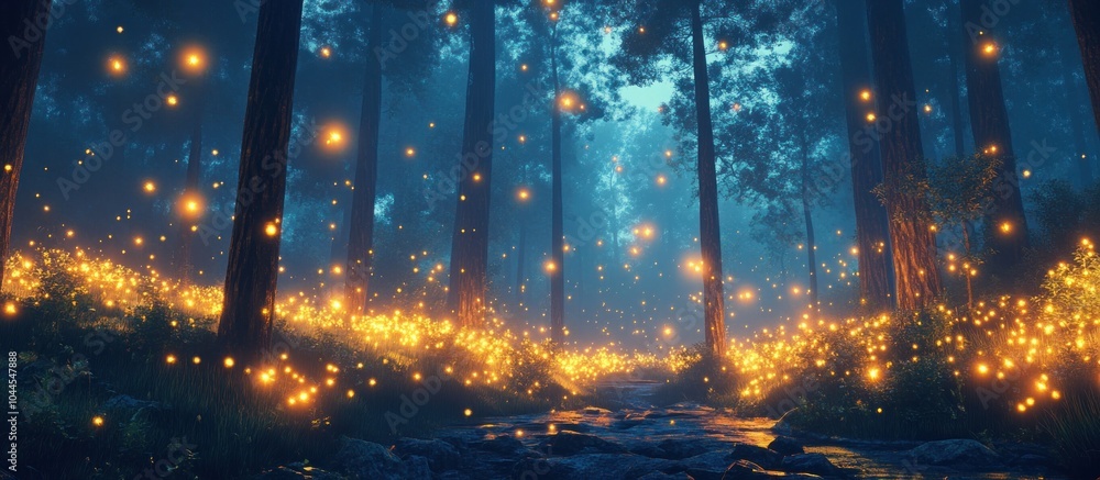 Poster a mystical forest scene with glowing fireflies scattered amongst the trees and a flowing stream in t