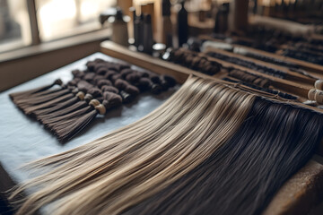 Various hair extensions displayed on a table, showcasing different shades and textures for professional styling and beauty