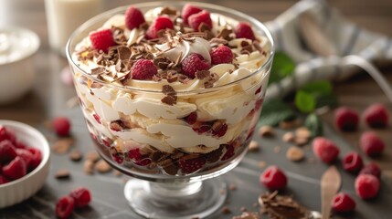 Delicious Raspberry   Chocolate Trifle Dessert in Glass Bowl