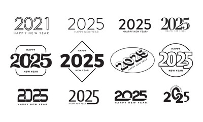 Big set of 2025 new year logo text design template. Christmas collection of 2025. Vector illustration black labels logo for diaries, calendars