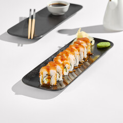 Roll with Shrimp and Sweet Chili Sauce Minimalist Food Photography with Bright Lighting and High Contrast