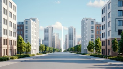 A modern urban street lined with contemporary buildings, green trees, and a clear blue sky, showcasing a tranquil city environment.
