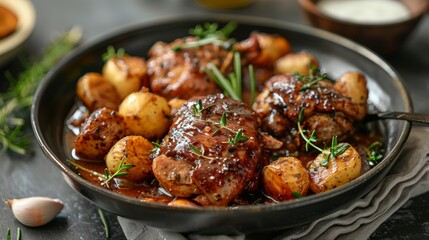 Fototapeta premium Delicious Chicken with Potatoes and Herbs in a Black Bowl