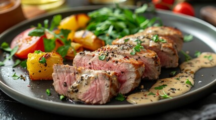 Delicious Grilled Tuna Steak with Creamy Sauce and Roasted Vegetables