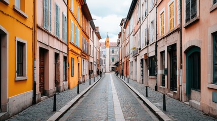 A picturesque cobblestone street lined with colorful buildings under a cloudy sky, inviting exploration and charm.