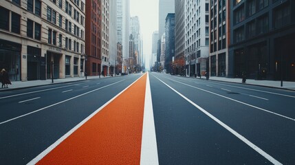 A wide urban street, featuring a striking orange lane divider, flanked by tall city buildings, creating a modern, dynamic atmosphere.