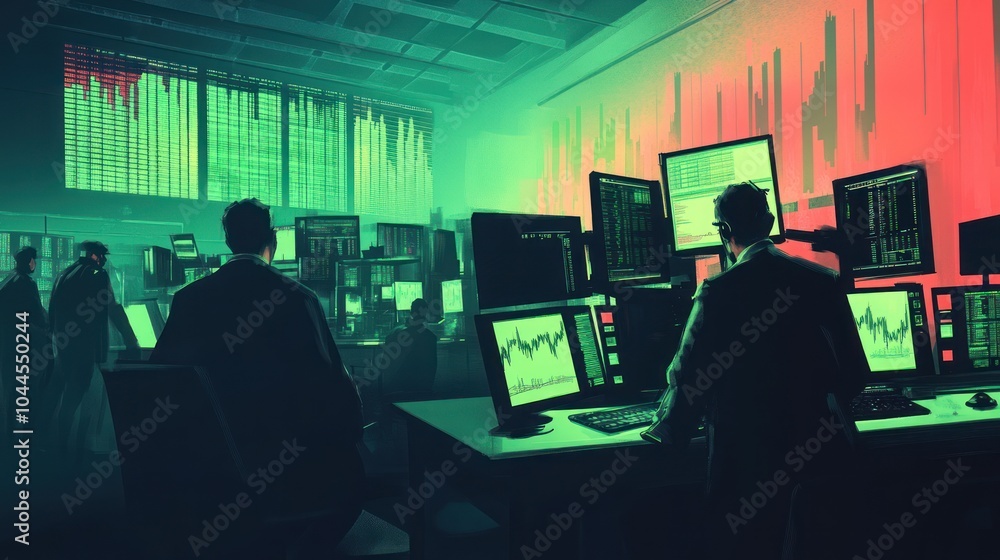 Poster a group of traders work in a dimly lit trading room, their faces illuminated by the glow of the comp