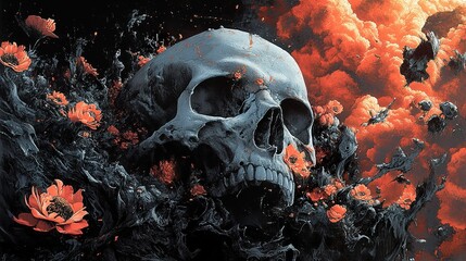 Surreal Skull with Flowers: A Dark and Dreamlike Painting