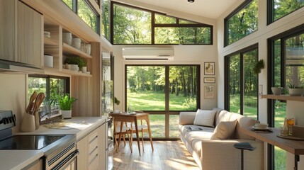 Fototapeta premium Bright interior of a tiny house with kitchen appliances, a dining table, sofa, and large windows with garden views.
