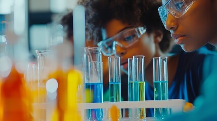 A group of students are working on a science project, conducting chemical experiments with different colored liquids and test tubes, focusing on science education.