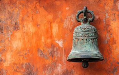 Obraz premium A close-up of a rustic bronze bell mounted on a textured orange wall, radiating a sense of timelessness and nostalgia
