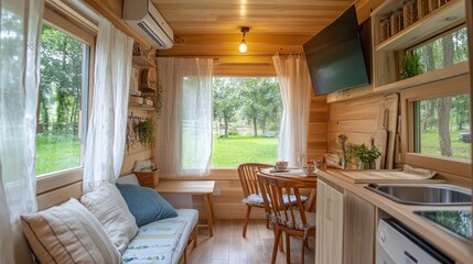 Cozy tiny house interior with a small kitchen, dining table, sofa, and TV, overlooking a green garden through the window.