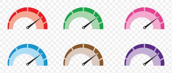 Dashboard speedometer icons set. Tachometer icon isolated. Performance indicator sign. Car speed. Fast internet speed sign. Stock flat vector elements.