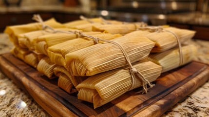 Homemade Tamales Wrapped in Corn Husks on Wooden Cutting Board