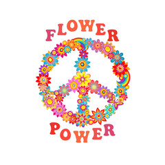 Peace and love hippie sign on white background with colorful flowers, butterflies and Flower Power seventies typography slogan for 70s 60s style groovy poster or card, t-shirt, bag design, fashion pri