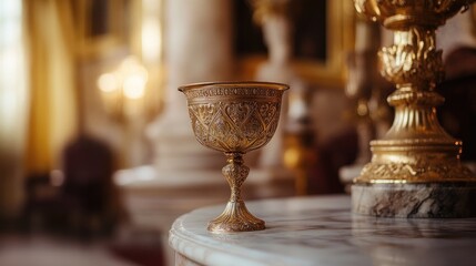 A golden goblet sitting on a marble table, framed by ornate decor, symbolizing the sophistication and grandeur of wealth
