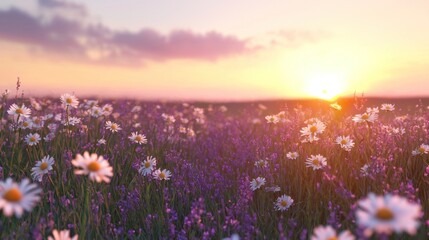 Obraz premium Dreamlike Wildflower Horizon at Vibrant Sunset