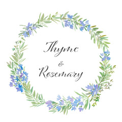 Obraz premium A vector illustration of a wreath made of rosemary and thyme, painted in watercolor. A herb wreath.