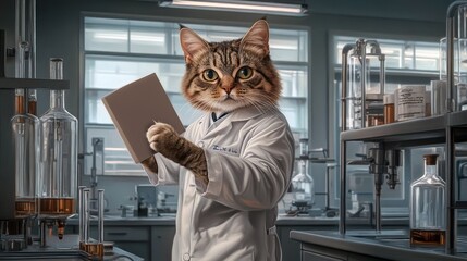 A cat in a lab coat conducts experiments