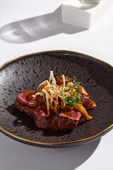 Rustic Elegance Beef Tenderloin with Mushroom Sauce on Textured Plate