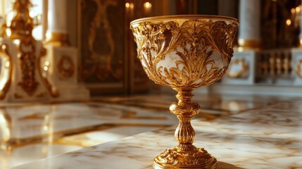 Ornate golden goblet sitting on a marble table, surrounded by luxurious decor, representing wealth and sophisticated elegance