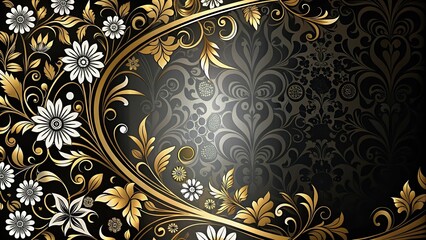 Silhouette abstract black and gold and white floral pattern background