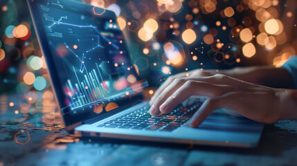 Innovative technology: hands typing on laptop with digital data visualization overlays