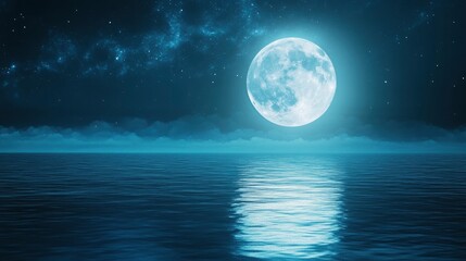 A starry night sky with the moon reflecting on calm waters, creating an ethereal and dreamy atmosphere. The water reflects both the stars in the deep blue sea and the bright silver of the full moon.