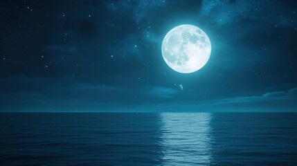A starry night sky with the moon reflecting on calm waters, creating an ethereal and dreamy atmosphere. The water reflects both the stars in the deep blue sea and the bright silver of the full moon.