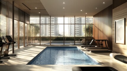 Gym with fitness equipment and a serene spa pool, framed by minimalist decor in a contemporary house.