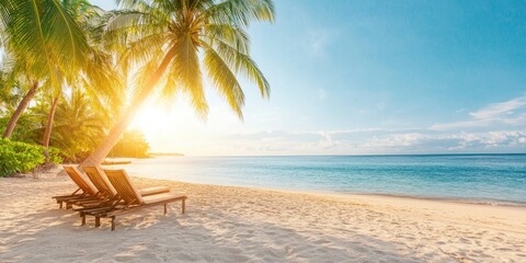 sea beach with palm tree, loungers on bright sun ray and blue sky on background