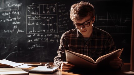 Student reading a textbook intently