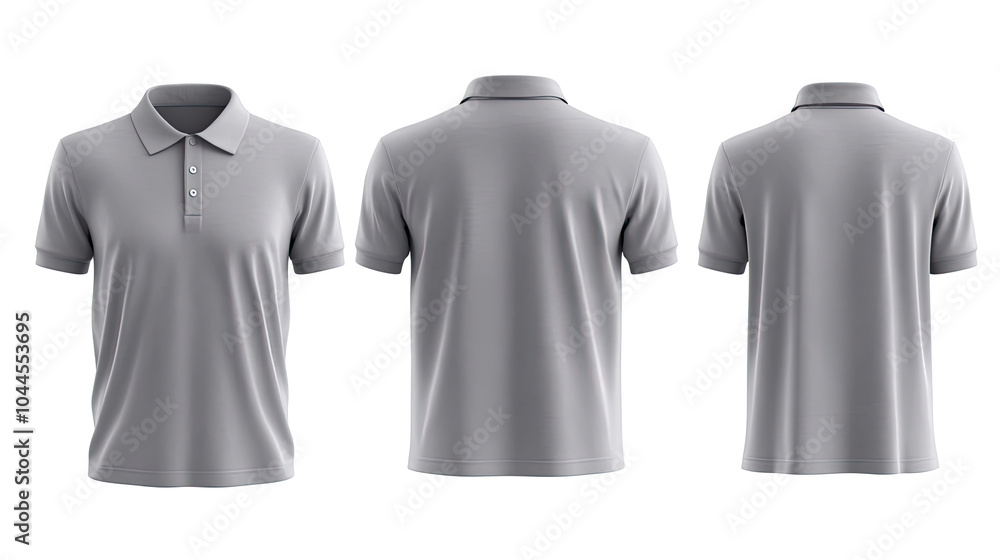 Poster set of plain gray polo t-shirts displayed in front and back views generative ai