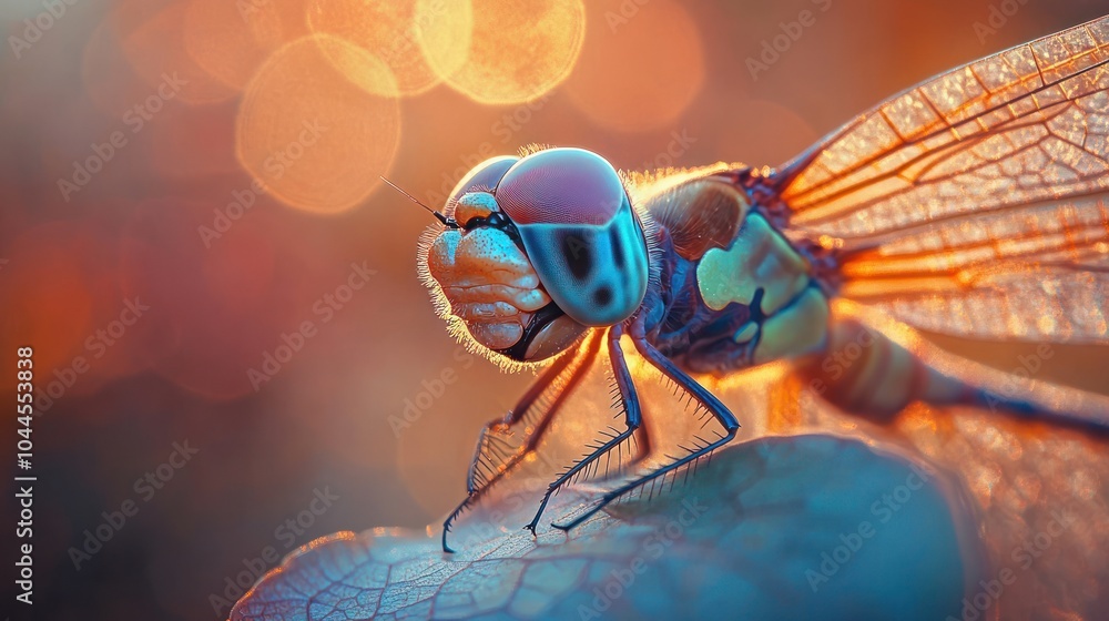 Poster a close-up of a dragonfly with vibrant colors perched on a leaf with bokeh background.