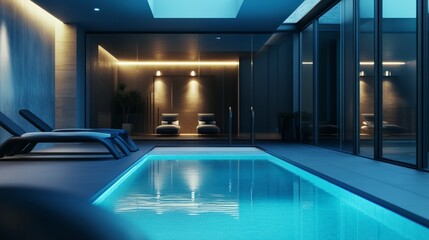 Modern house interior featuring a sleek gym area and a tranquil spa swimming pool under soft lighting