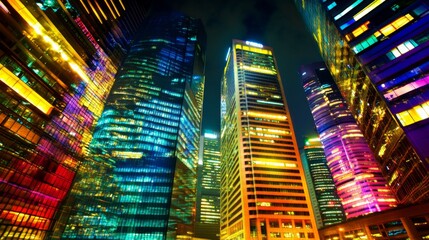 Obraz premium Vibrant Office Cityscape at Night with Modern Architecture