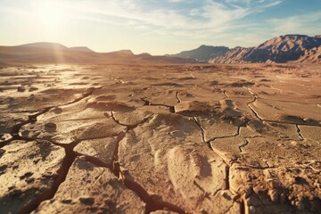 Fototapeta premium Landscape cracked soil earth desert terrain with sky