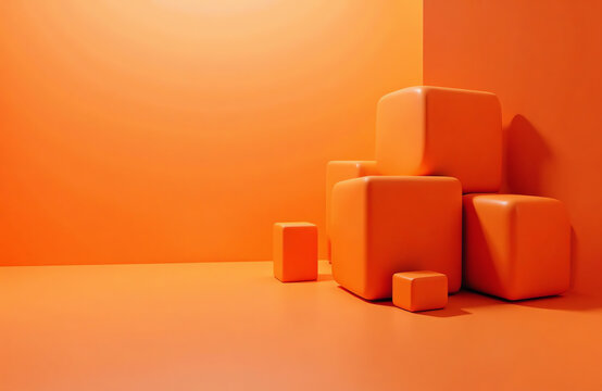 Stacked orange cubic forms in perspective with warm lighting