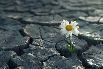 One daisy flower sprouts through dry cracked soil. Symbol of soul rebirth and eternal life