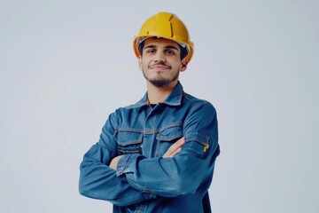 Confident maintenance worker in yellow hard hat.