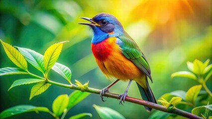 Captivating Product Photography of a Singing Bird in a Natural Setting, Showcasing Vibrant Colors, Detailed Feathers, and Lively Expression for Nature Lovers and Bird Enthusiasts