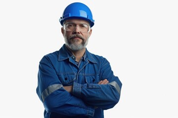 Middle aged engineer in blue helmet standing with crossed arms.