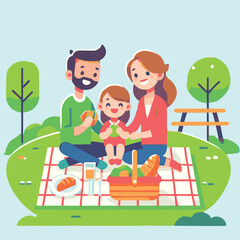 cartoon of a family enjoying a picnic and lunch together in a park
