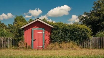 Fototapeta premium A charming red shed surrounded by tall grass