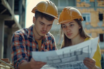 Civil engineers reviewing blueprints at construction site.