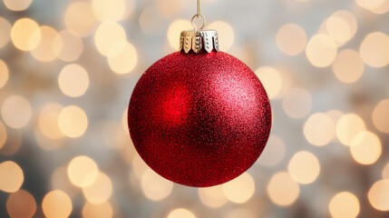 Fototapeta premium Bright Red Christmas Ornament with Blurred Background