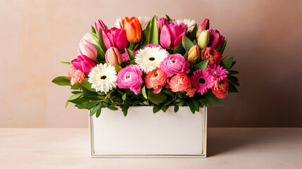 Fototapeta premium Luxurious Gift Box Overflowing with Colorful Flowers