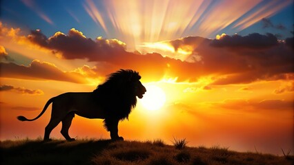Naklejka premium Silhouette art painting of a lion in the sunset